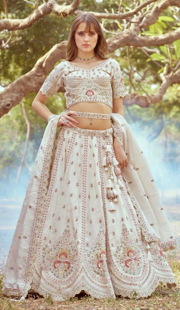 Tissue Sequins Work Wedding Wear Lehenga Choli In Cream - 11072198597