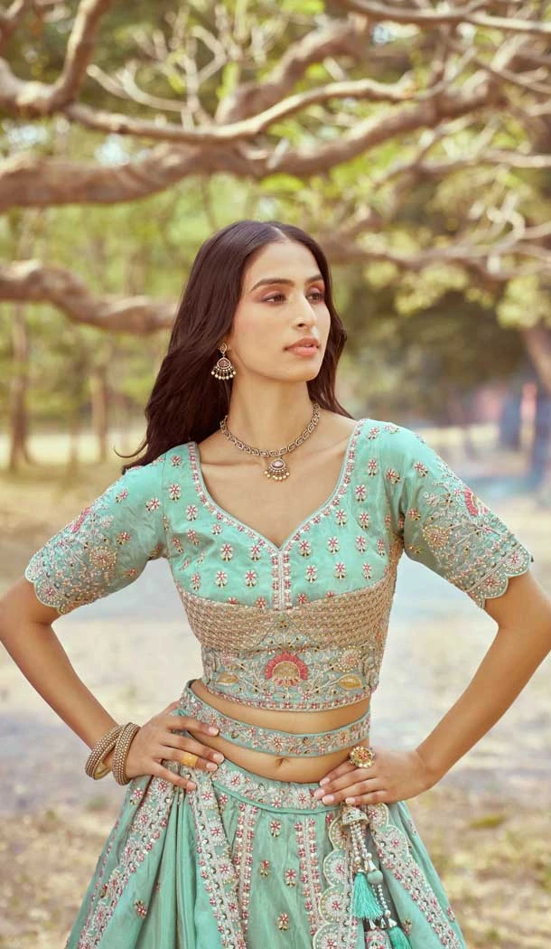 Sea Green Tissue Sequins Work Wedding Wear Lehenga Choli - 11072198599