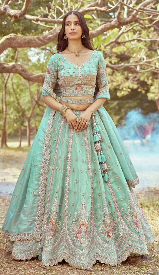 Sea Green Tissue Sequins Work Wedding Wear Lehenga Choli - 11072198599