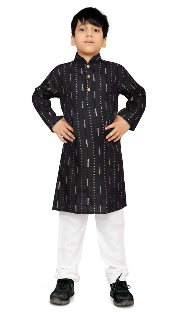 Soft Cotton Resham Work Readymade Kids Kurta Pajama In Black - 11075198610