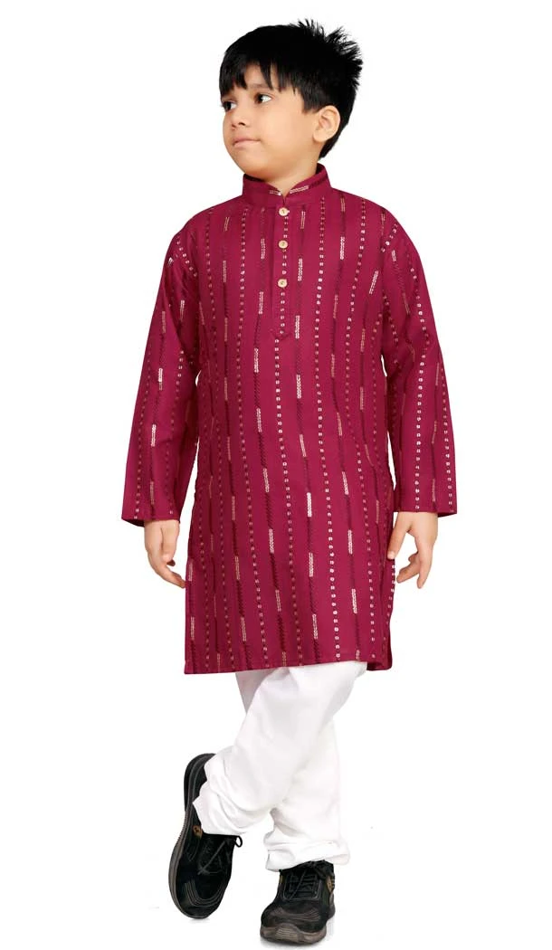 Soft Cotton Resham Work Readymade Kids Kurta Pajama In Maroon - 11075198611