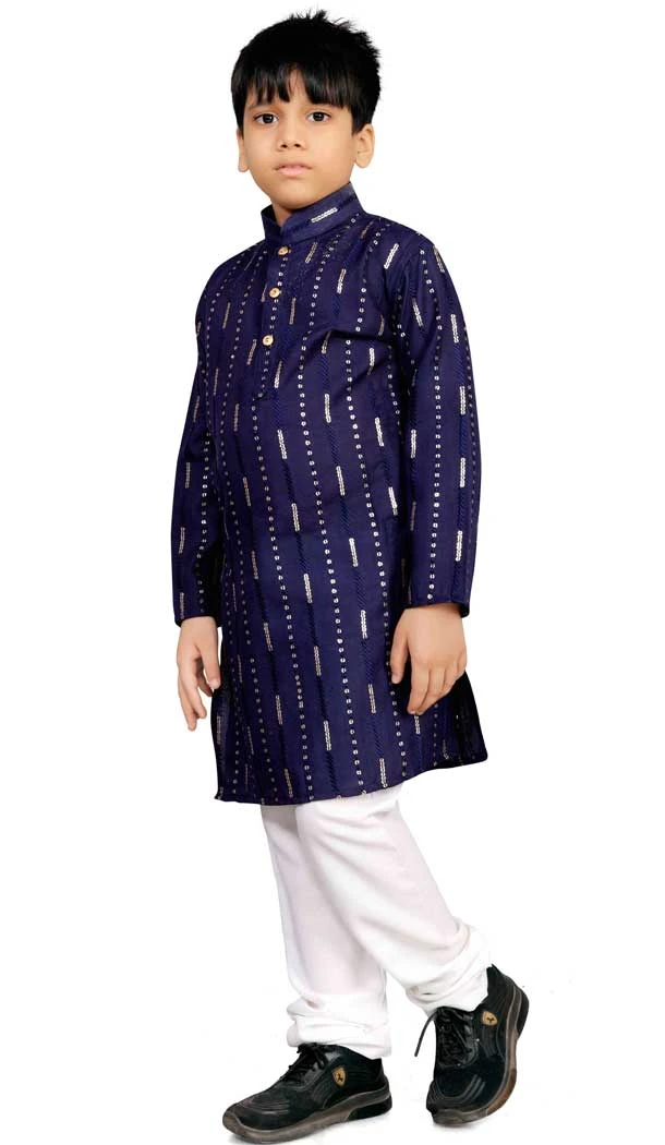 Soft Cotton Resham Work Readymade Kids Kurta Pajama In Navy Blue - 11075198612