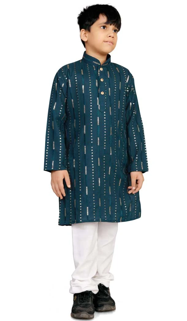 Soft Cotton Resham Work Readymade Kids Kurta Pajama In Teal Blue - 11075198614