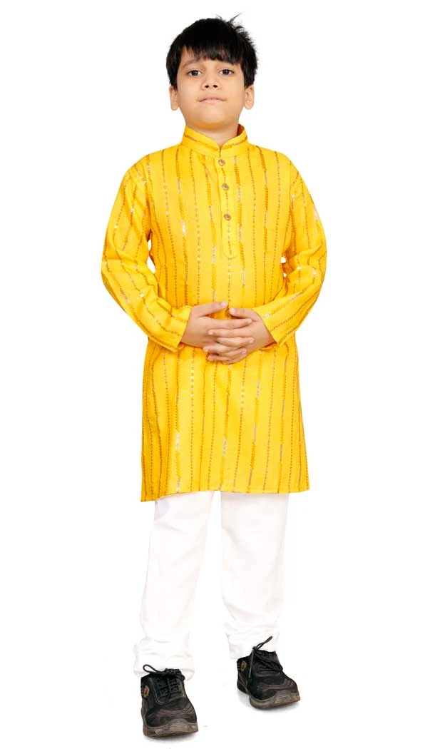 Soft Cotton Resham Work Readymade Kids Kurta Pajama In Yellow - 11075198615