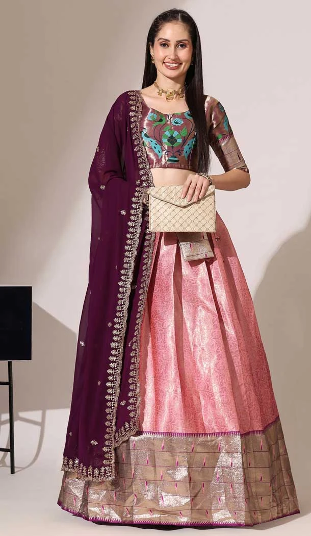 Pink Lichi Silk Weaving Work Traditional Wear Lehenga Choli - 11092198740