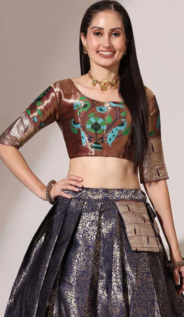 Navy Blue Lichi Silk Weaving Work Traditional Wear Lehenga Choli - 11092198742