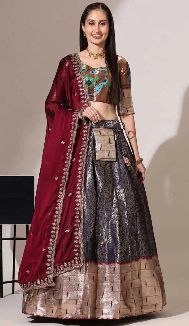 Navy Blue Lichi Silk Weaving Work Traditional Wear Lehenga Choli - 11092198742