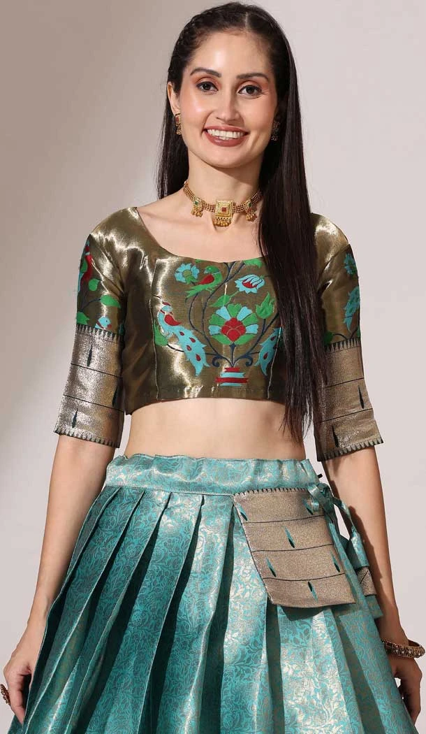 Sea Green Lichi Silk Weaving Work Traditional Wear Lehenga Choli - 11092198743
