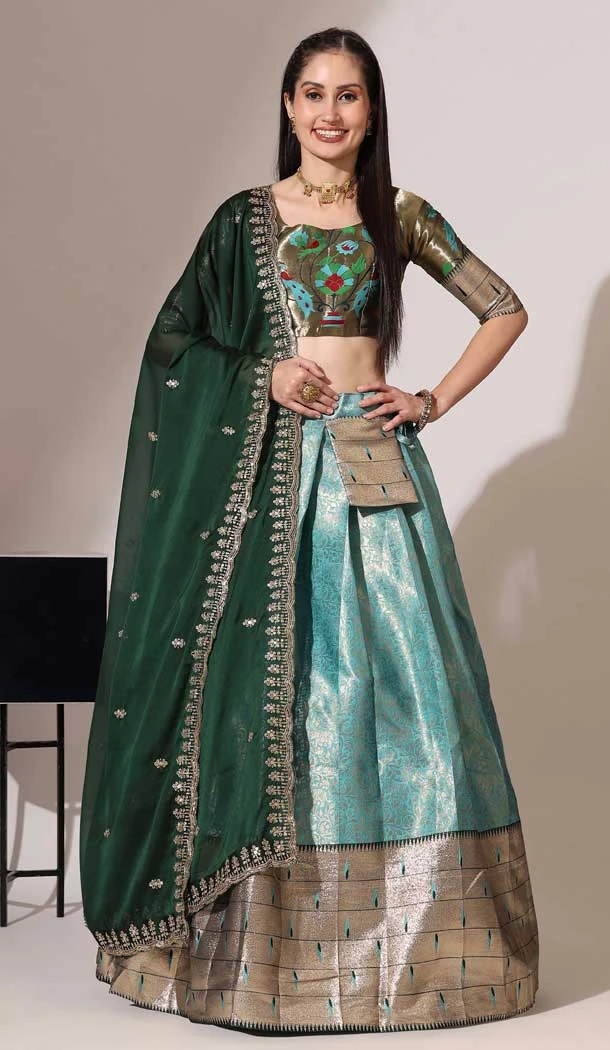 Sea Green Lichi Silk Weaving Work Traditional Wear Lehenga Choli - 11092198743