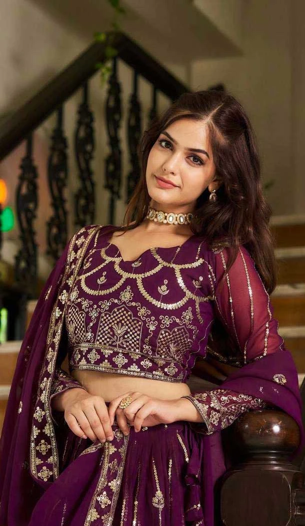 Fox Georgette Embroidered Party Wear Lehenga Choli In Purple - 11111198883