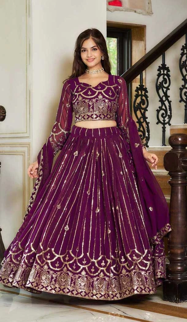 Fox Georgette Embroidered Party Wear Lehenga Choli In Purple - 11111198883