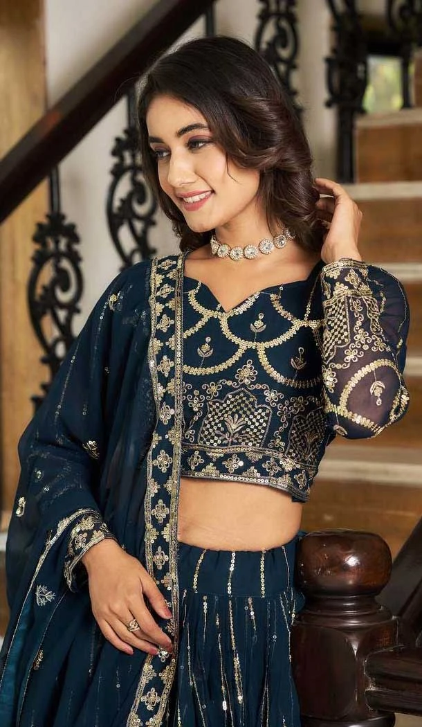 Fox Georgette Embroidered Party Wear Lehenga Choli In Teal Blue - 11111198884