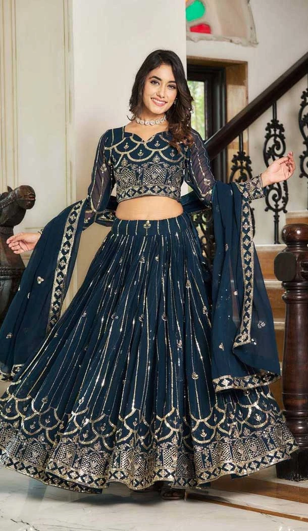 Fox Georgette Embroidered Party Wear Lehenga Choli In Teal Blue - 11111198884