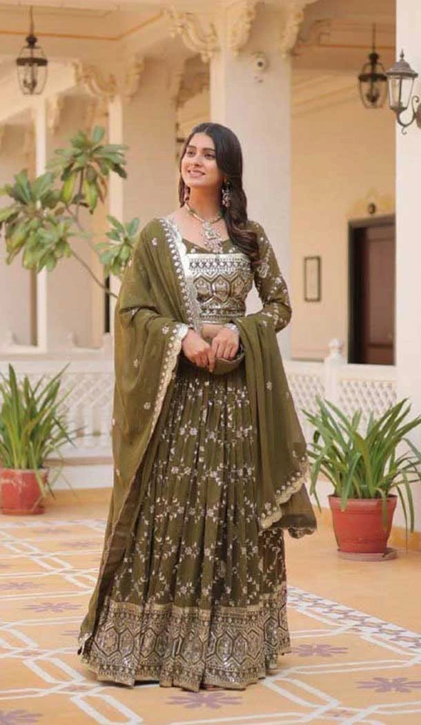 Fox Georgette Embroidered Party Wear Lehenga Choli In Mehendi Green - 11111198885