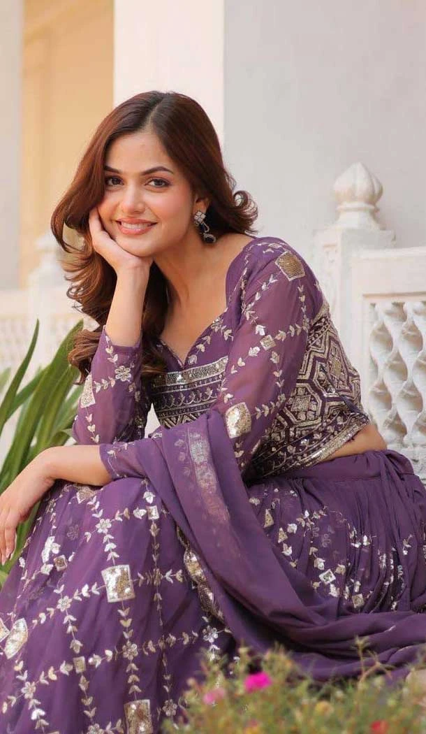 Purple Fox Georgette Embroidered Party Wear Lehenga Choli - 11111198886