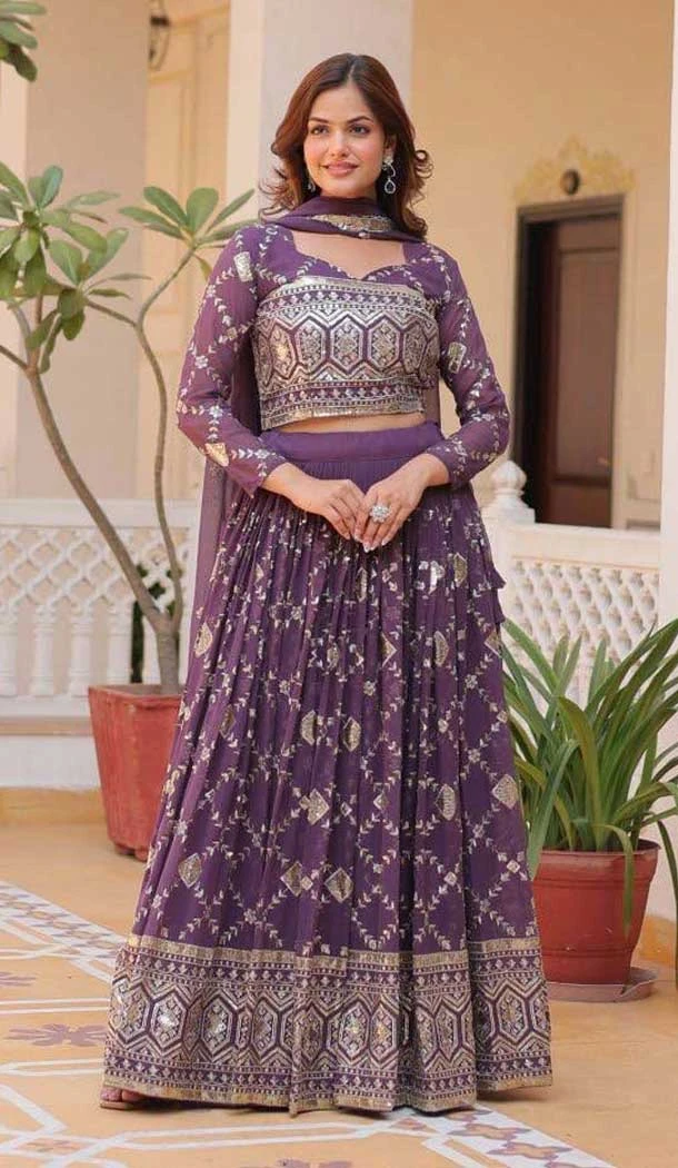 Purple Fox Georgette Embroidered Party Wear Lehenga Choli - 11111198886