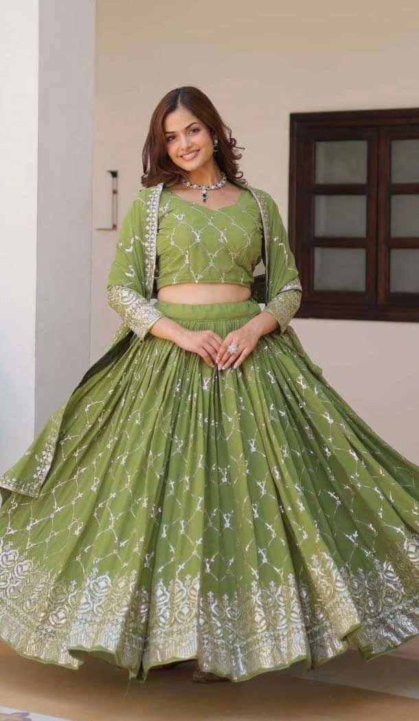 Fox Georgette Embroidered Party Wear Lehenga Choli In Green - 11111198887