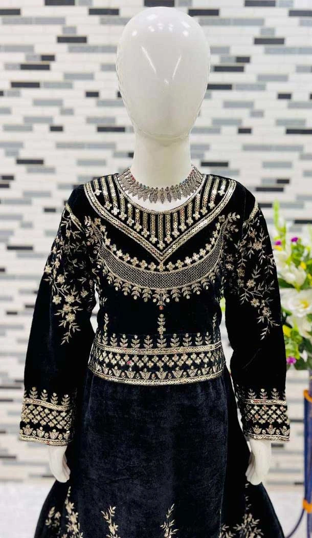 Black Velvet Embroidery Work Party Wear Readymade Kids Salwar Suit - 11131199062