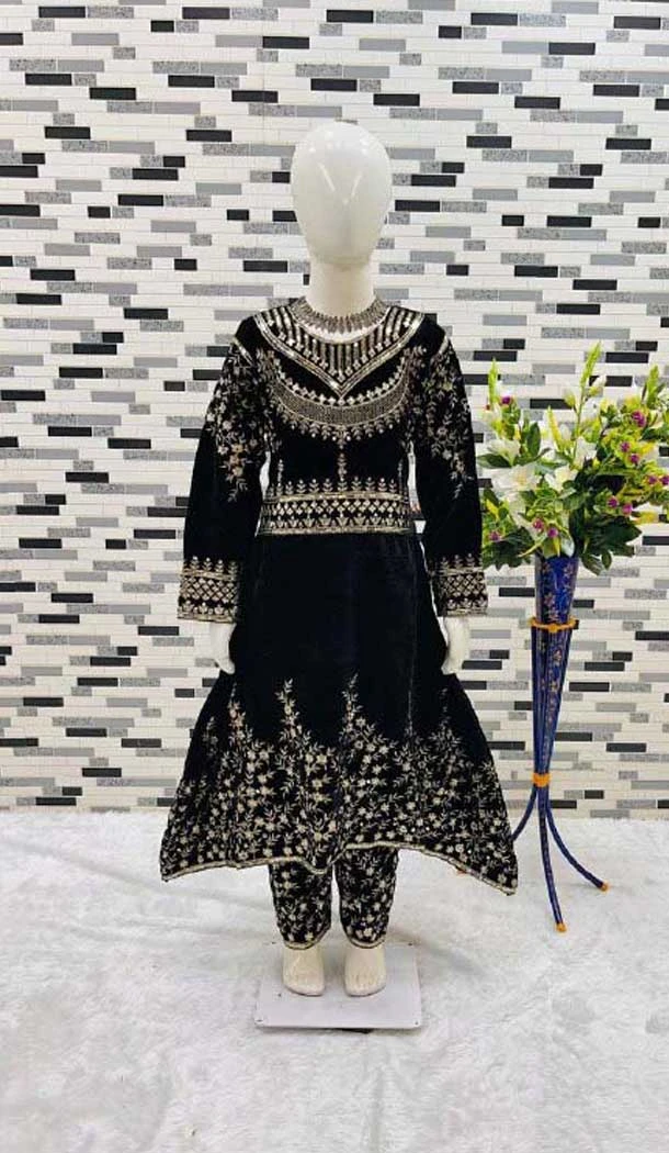 Black Velvet Embroidery Work Party Wear Readymade Kids Salwar Suit - 11131199062