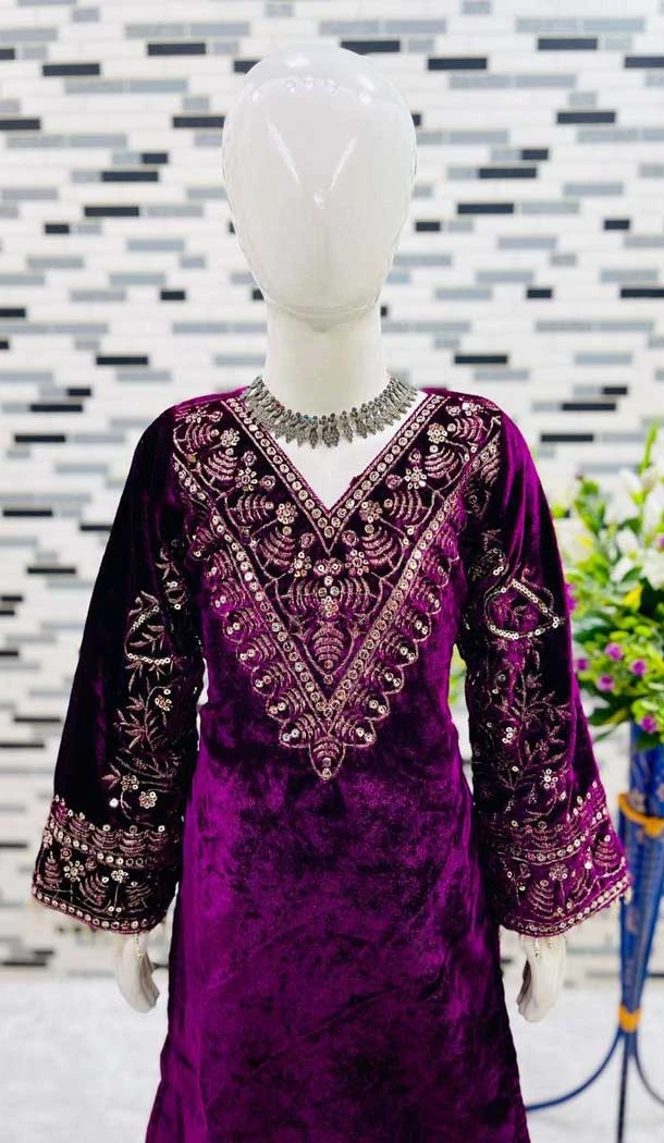 Purple Velvet Embroidery Work Party Wear Readymade Kids Salwar Suit - 11131199063