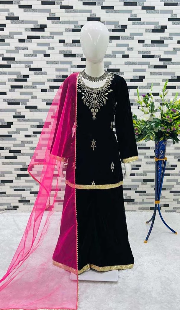 Velvet Embroidery Work Party Wear Readymade Kids Salwar Suit In Black - 11131199064