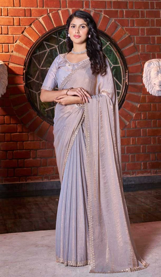 Satin Silk Swarovski Work Party Wear Saree In Grey - 11211199648