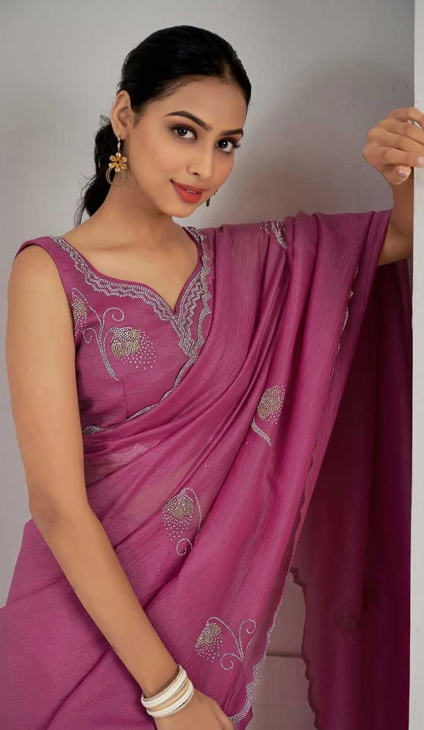 Dark Mauve Crush Silk Swarovski Work Party Wear Saree - 11212199652