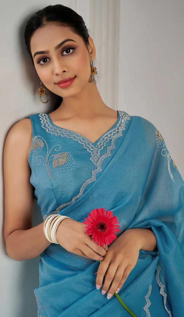 Blue Crush Silk Swarovski Work Party Wear Saree - 11212199653