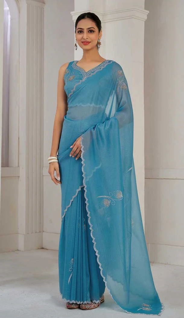 Blue Crush Silk Swarovski Work Party Wear Saree - 11212199653