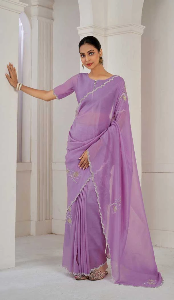 Lavender Crush Silk Swarovski Work Party Wear Saree - 11212199654