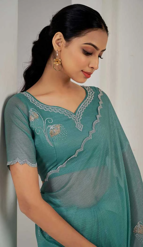 Sea Green Crush Silk Swarovski Work Party Wear Saree - 11212199655