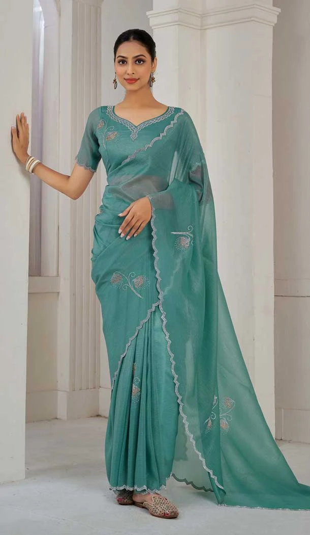 Sea Green Crush Silk Swarovski Work Party Wear Saree - 11212199655