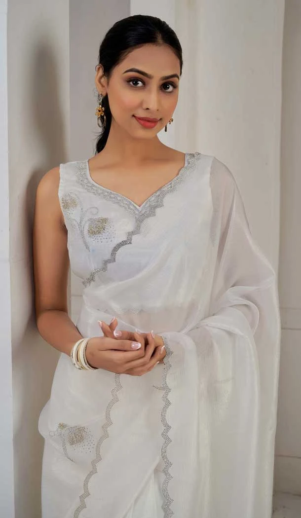 White Crush Silk Swarovski Work Party Wear Saree - 11212199656