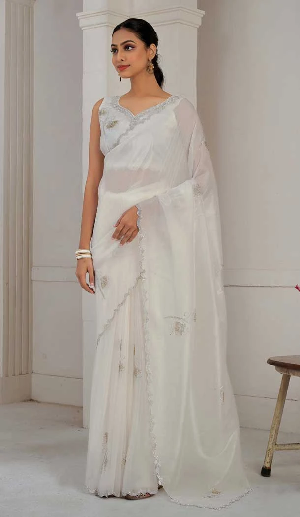White Crush Silk Swarovski Work Party Wear Saree - 11212199656