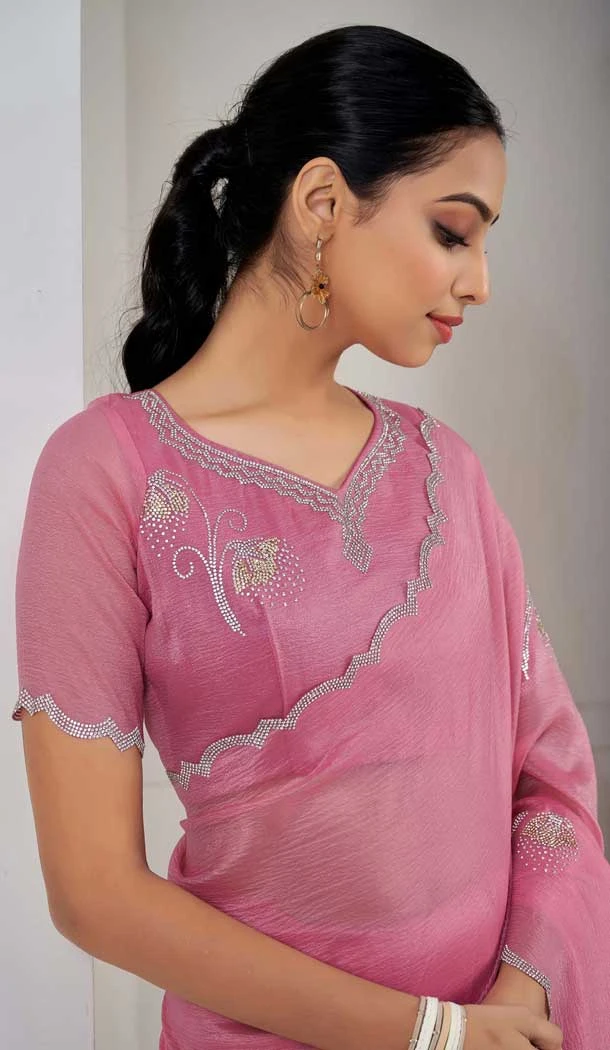 Pink Crush Silk Swarovski Work Party Wear Saree - 11212199657