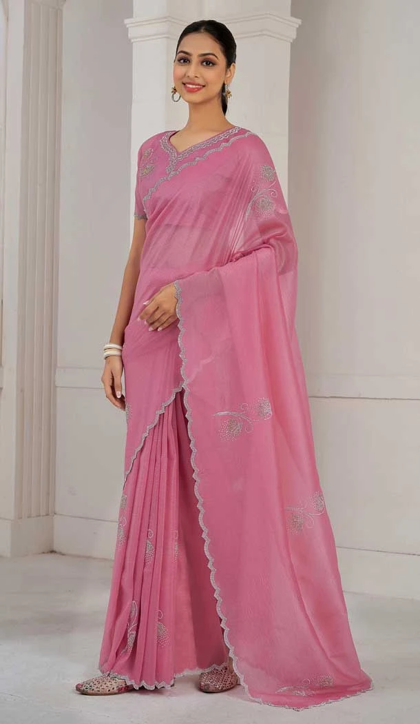 Pink Crush Silk Swarovski Work Party Wear Saree - 11212199657