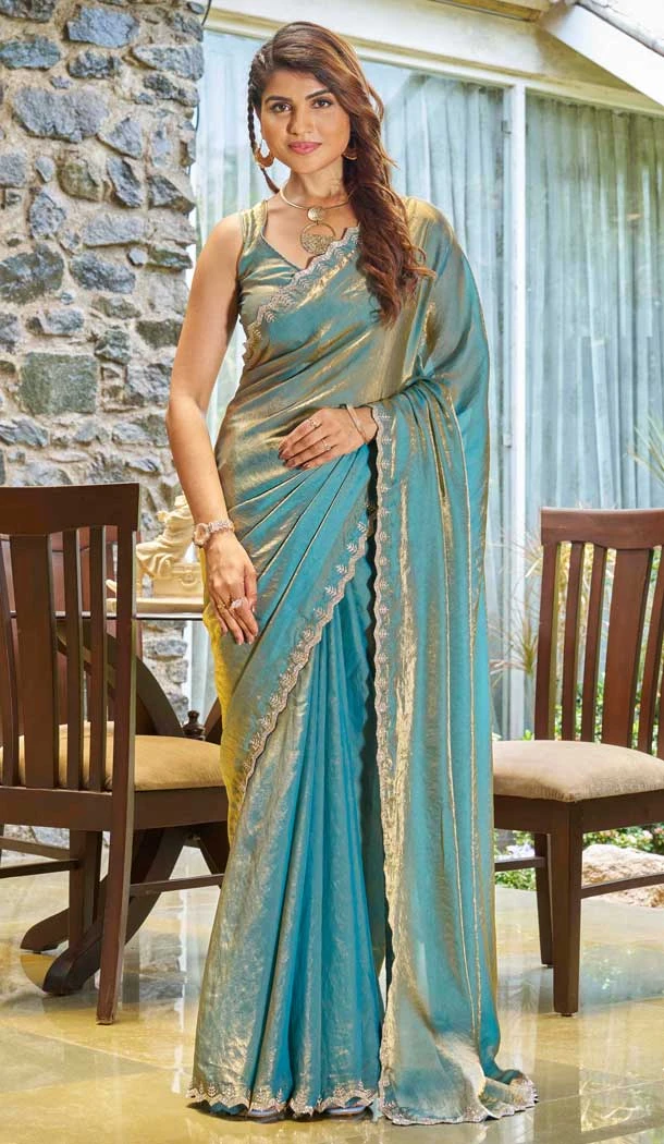Satin Silk Hand Work Party Wear Saree In Rama Blue - 11213199660