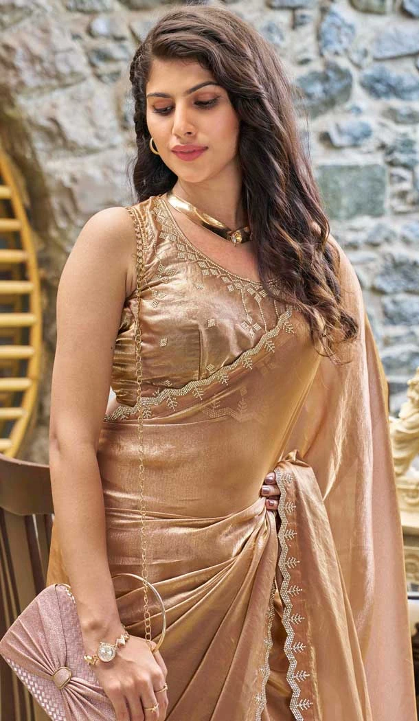 Satin Silk Hand Work Party Wear Saree In Brown - 11213199661