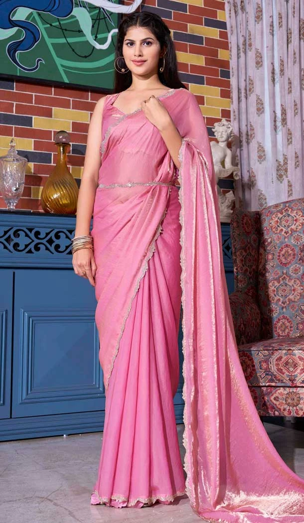 Pink Satin Silk Hand Work Traditional Party Wear Saree - 11214199663