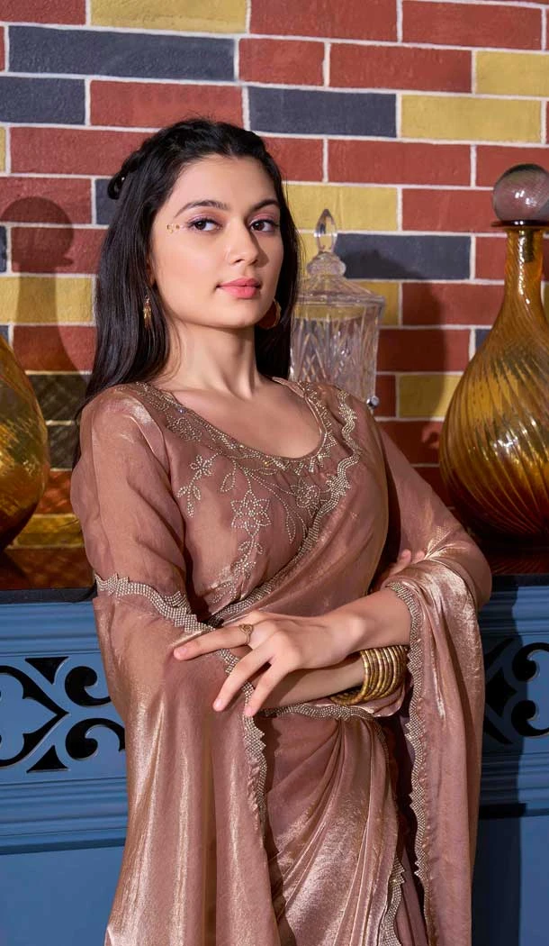 Brown Satin Silk Hand Work Traditional Party Wear Saree - 11214199666