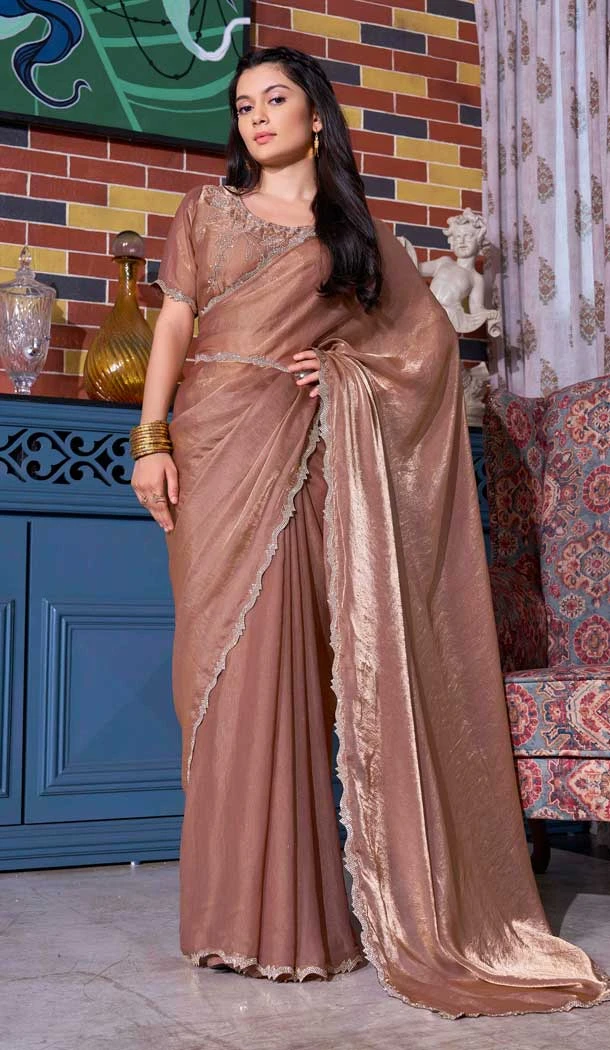 Brown Satin Silk Hand Work Traditional Party Wear Saree - 11214199666