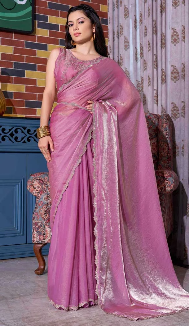 Lavender Satin Silk Hand Work Traditional Party Wear Saree - 11214199667
