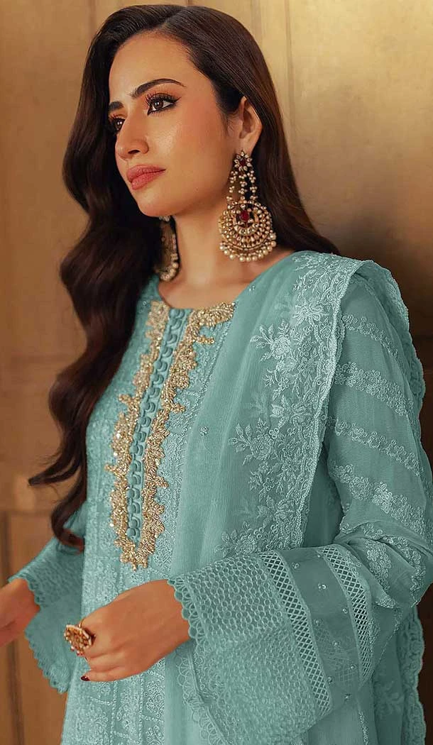 Faux Georgette Embroidered Pakistani Style Salwar Suit In Sky Blue - 11054198441