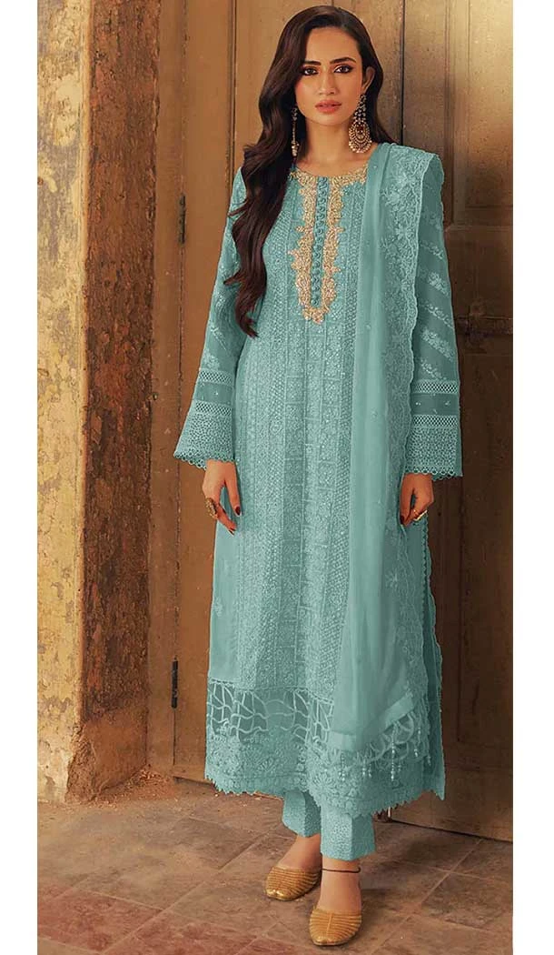 Faux Georgette Embroidered Pakistani Style Salwar Suit In Sky Blue - 11054198441