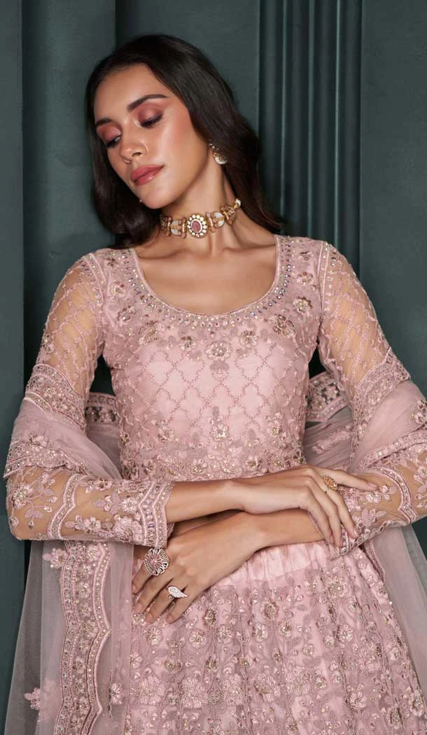 Dusty Pink Net Embroidered Designer Wear Lehenga Choli - 11104198850