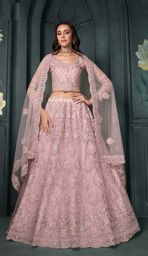 Dusty Pink Net Embroidered Designer Wear Lehenga Choli - 11104198850