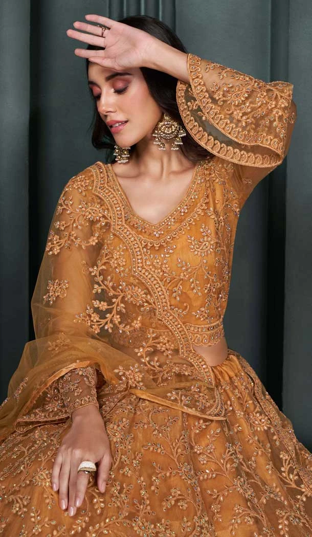 Orange Net Embroidered Designer Wear Lehenga Choli - 11104198851