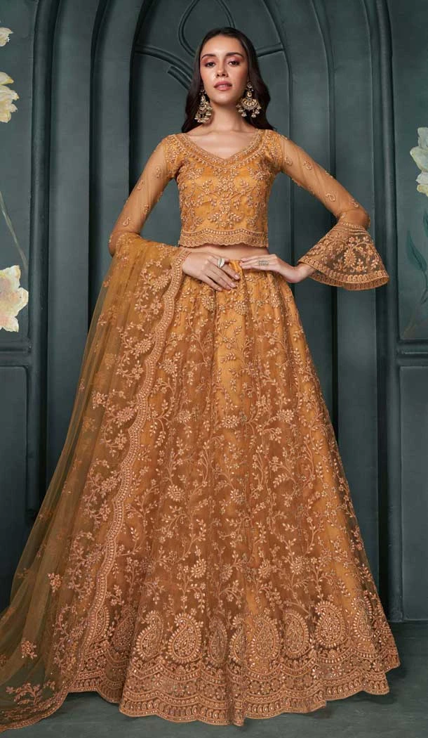 Orange Net Embroidered Designer Wear Lehenga Choli - 11104198851