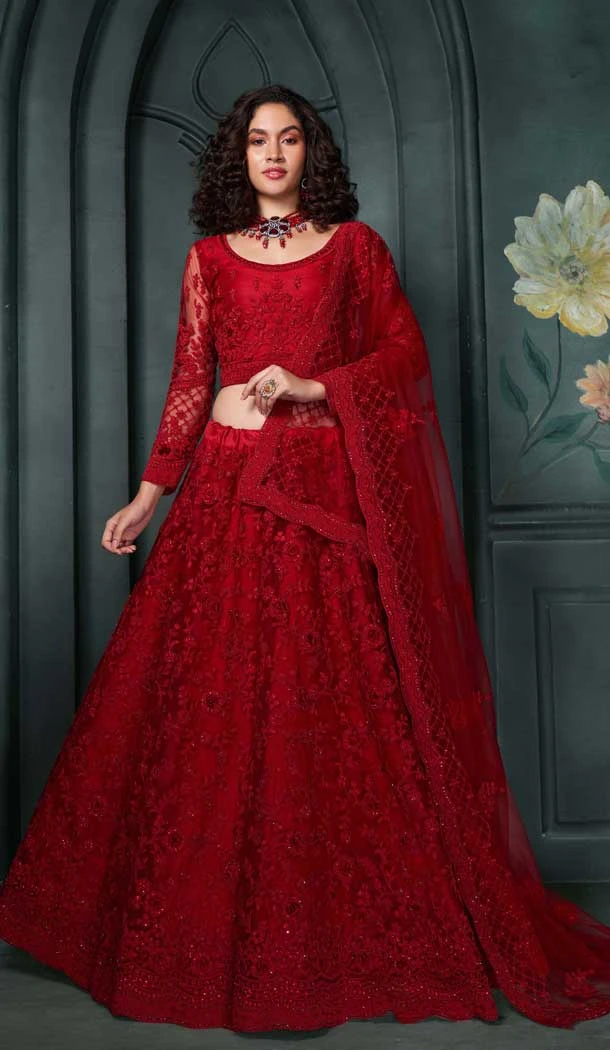 Red Net Embroidered Designer Wear Lehenga Choli - 11104198852