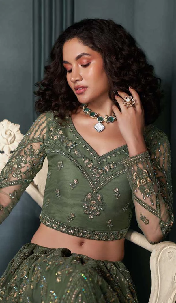 Mehendi Green Net Embroidered Designer Wear Lehenga Choli - 11104198853